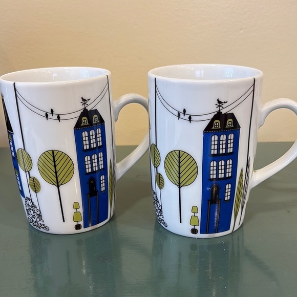 Danica Studio Charming Cityscape Mugs - Blue and Green. Set of 2 - Picture 1 of 4
